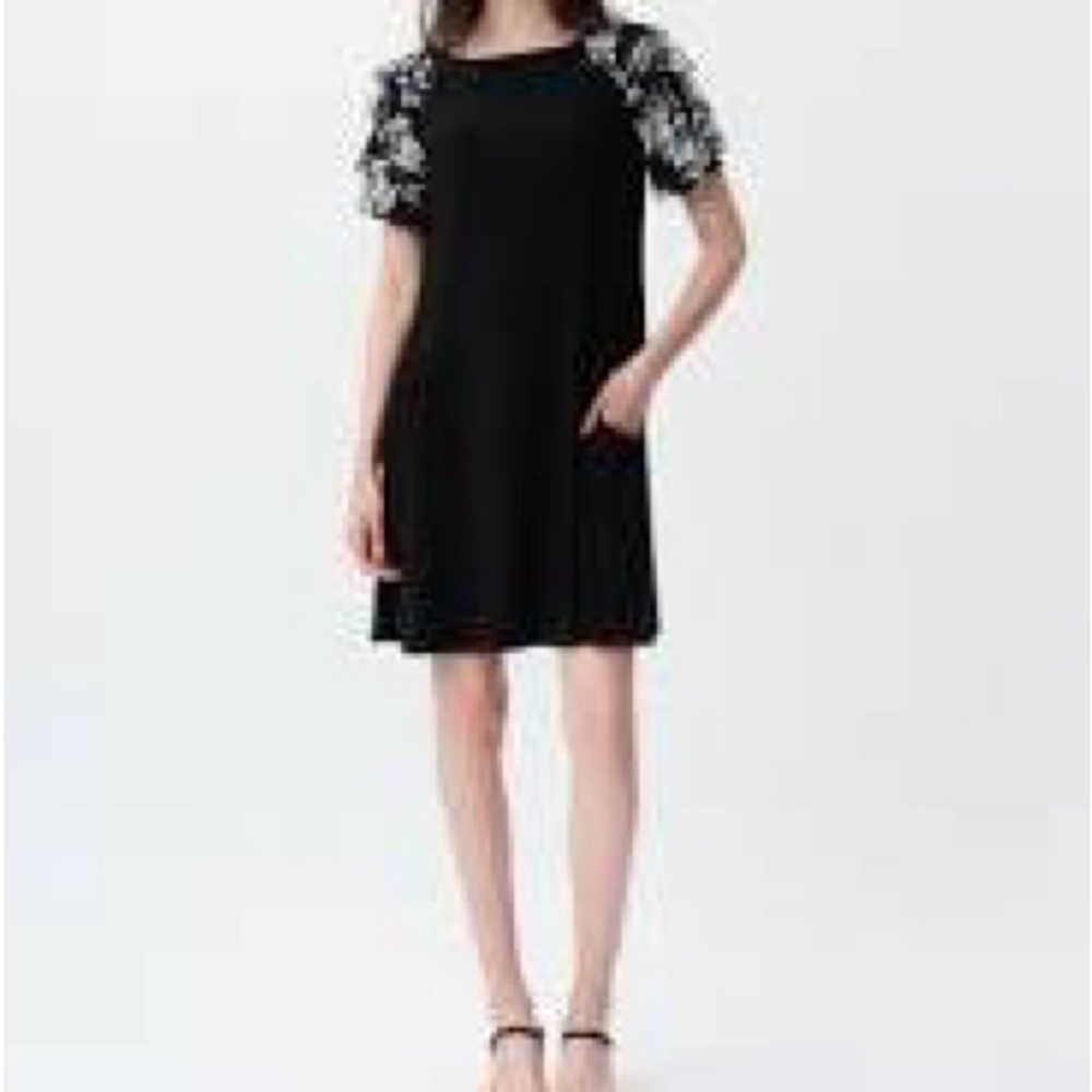 Joseph Ribkoff Black Mini Dress with Floral-Print Short Sleeves